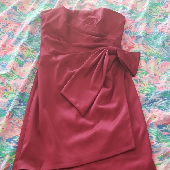 Satin maroon dark red strapless dress with bow - Picture 2 of 8